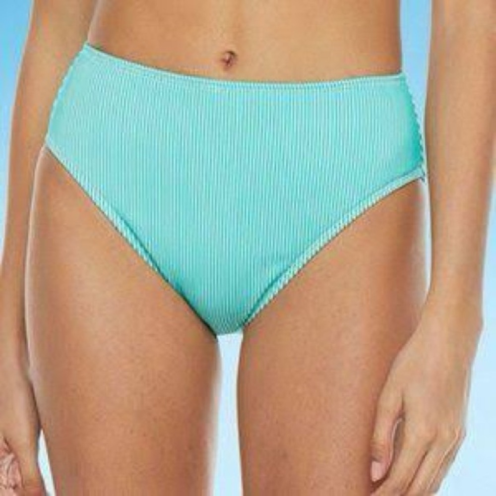 NWT Decree high rise striped teal white swim‎ bottoms medium